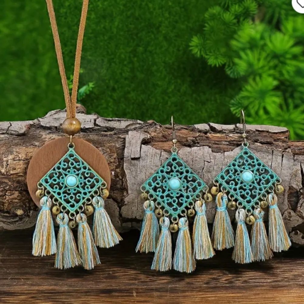 NEW! Boho Turquoise Tassel Necklace Earrings Set Hippie Gypsy Grunge Trendy